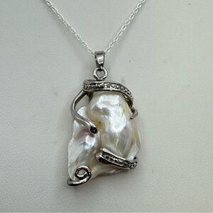 Sterling Silver Baroque Pearl Pendant Necklace 18” Organic Statement